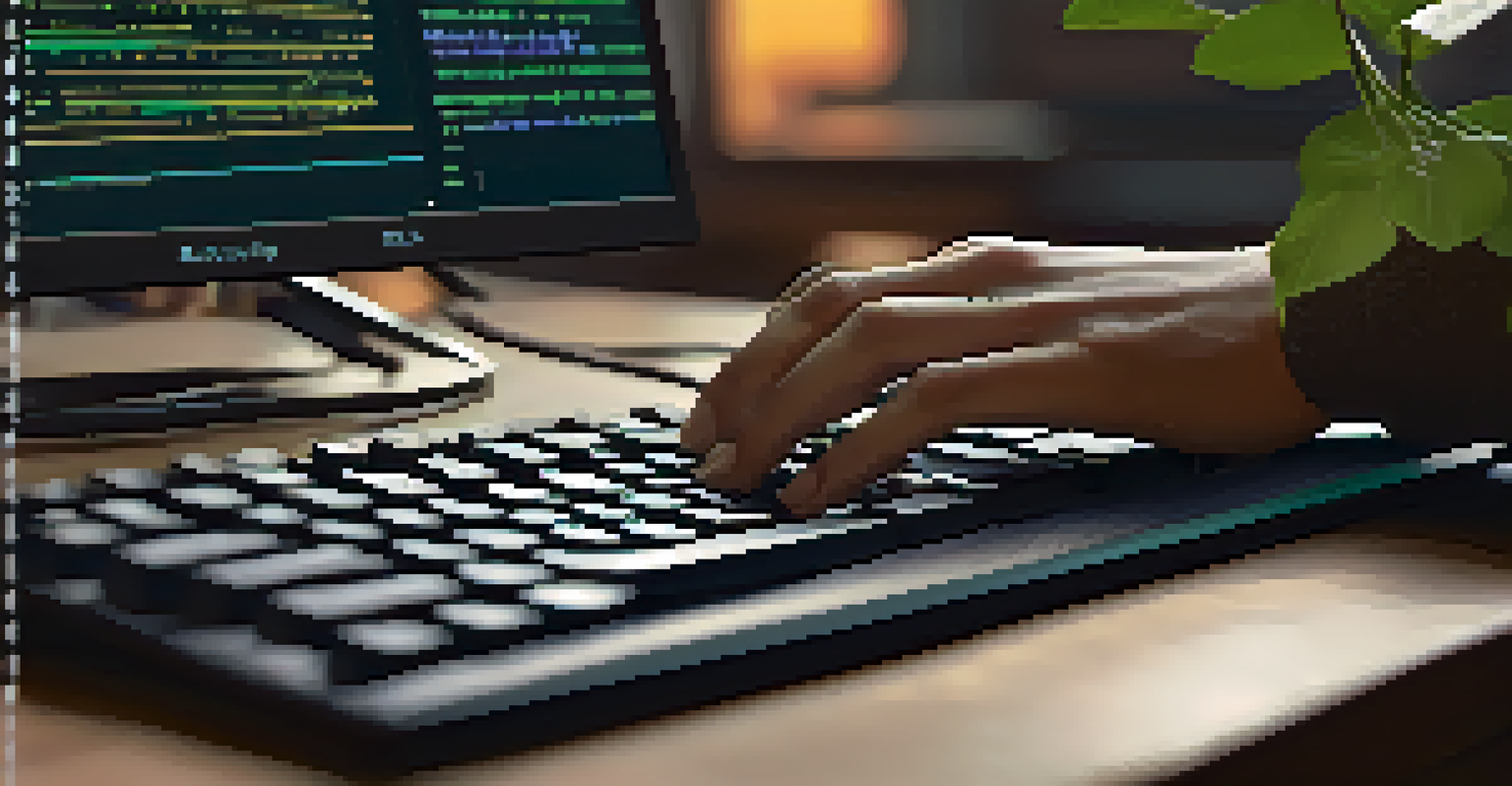 Close-up of hands typing on a keyboard with smart contract code on a screen in a cozy workspace.