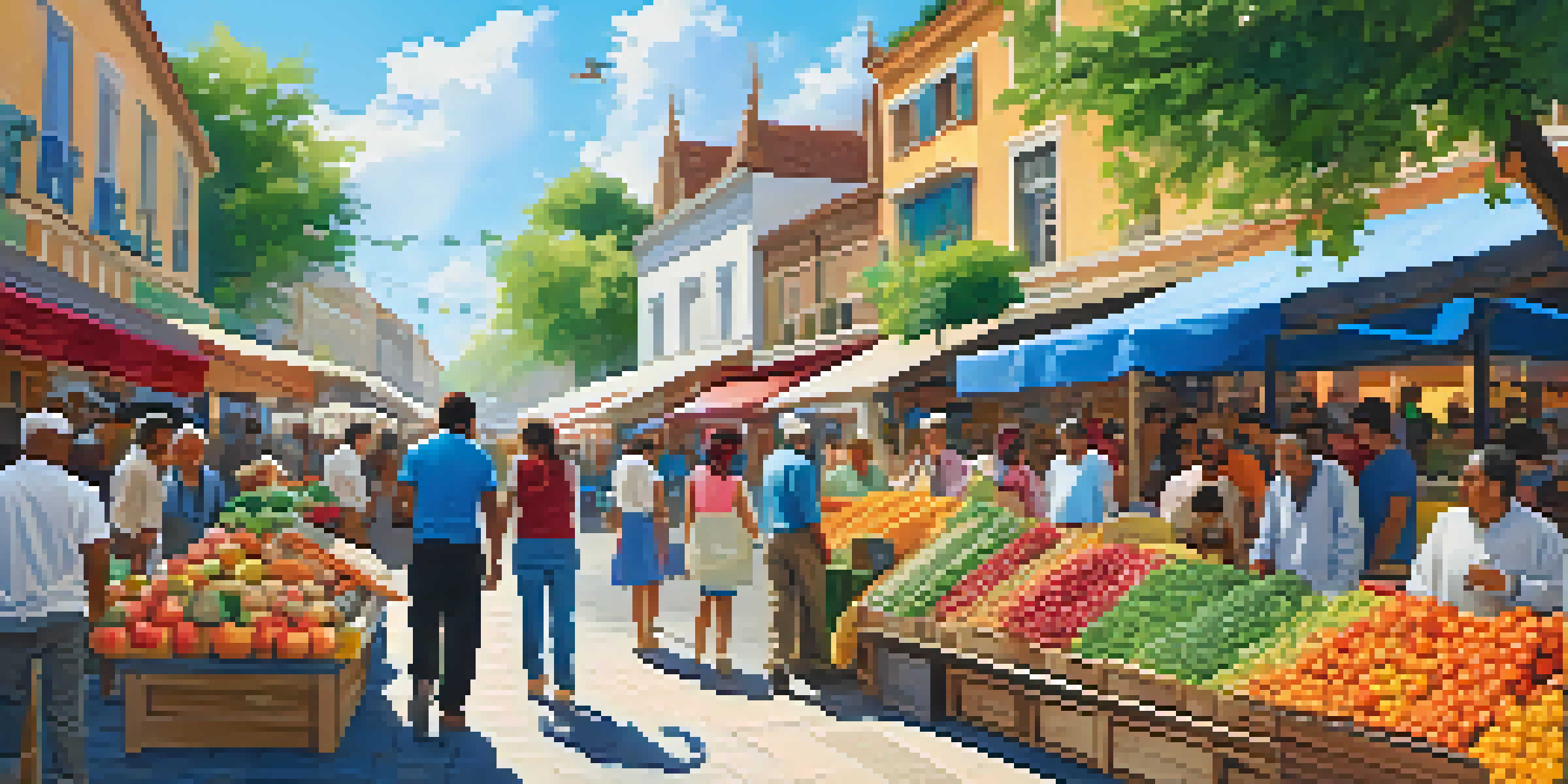 A lively community marketplace with various stalls, people interacting, and colorful handmade goods under a clear blue sky.
