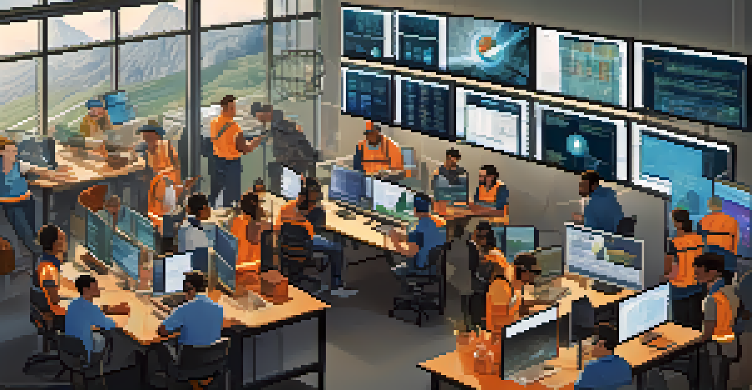 A group of miners working together in a well-lit modern workspace with multiple computer screens.