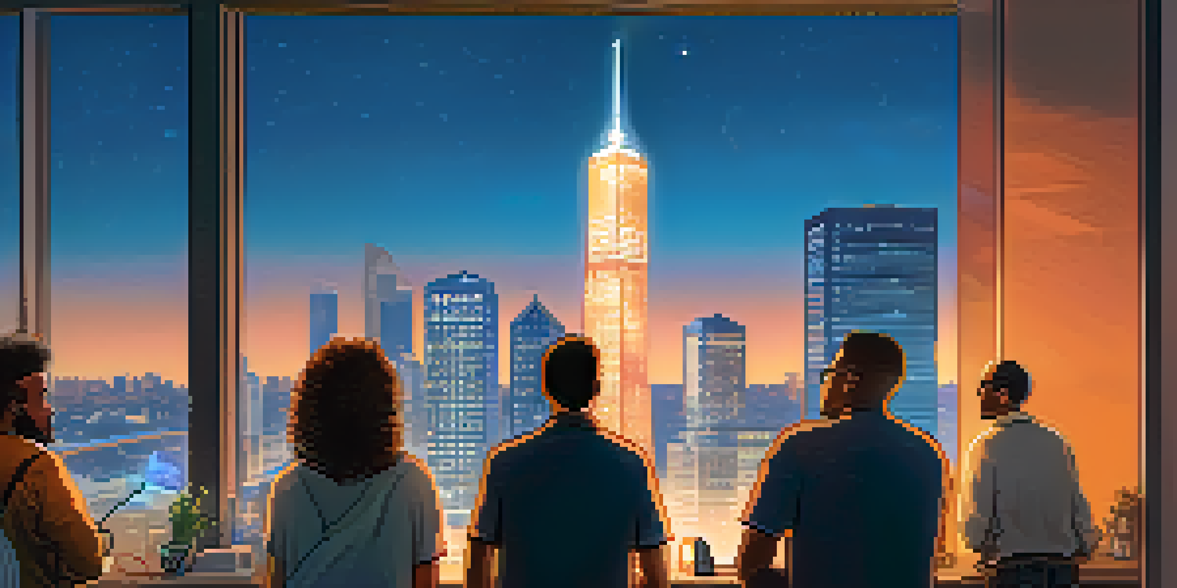 A city skyline at dusk with people discussing technology and sustainability, illuminated by warm lights.