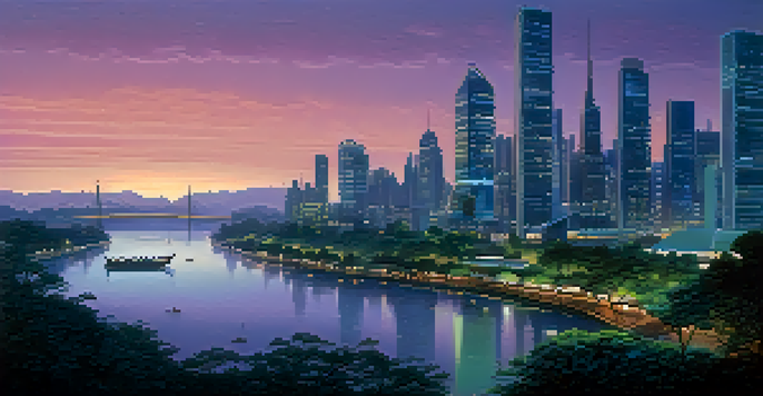 A futuristic cityscape at dusk with glowing skyscrapers and a river, featuring bioluminescent flowers along the banks.