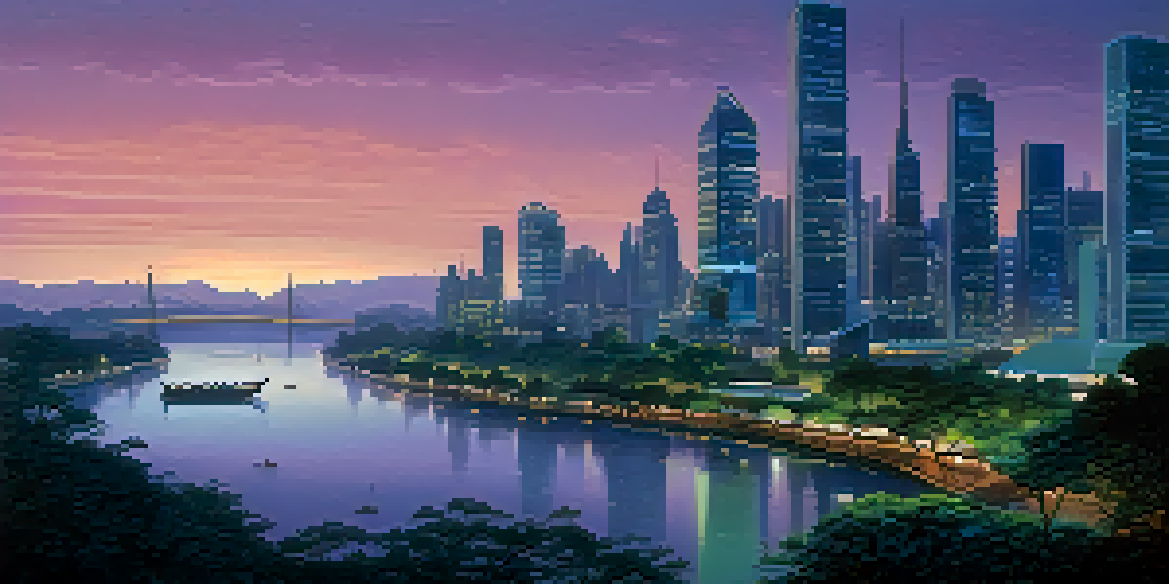 A futuristic cityscape at dusk with glowing skyscrapers and a river, featuring bioluminescent flowers along the banks.