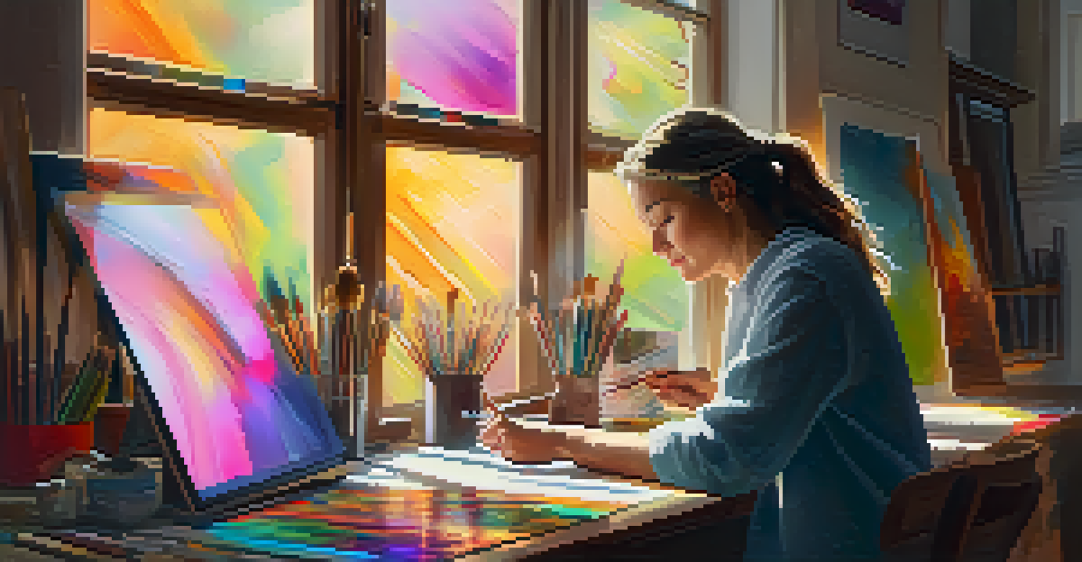 An artist creating digital art in a cozy studio, surrounded by devices displaying her NFTs, with natural light streaming in.