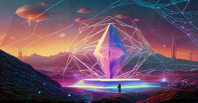 A futuristic Ethereum network with glowing nodes and light beams, featuring a user interacting with a holographic interface.