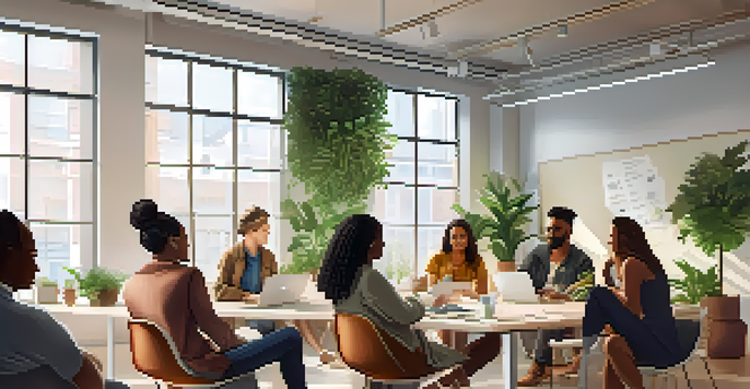 A diverse group of individuals collaborating in a bright co-working space, surrounded by plants and large windows, engaged in a brainstorming session.
