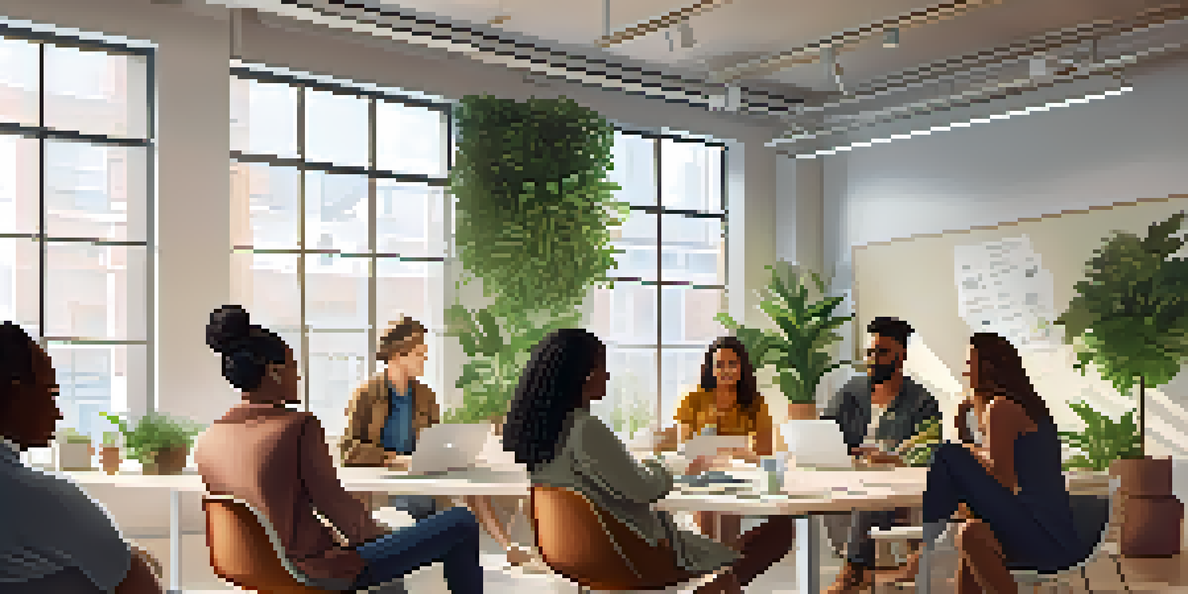 A diverse group of individuals collaborating in a bright co-working space, surrounded by plants and large windows, engaged in a brainstorming session.