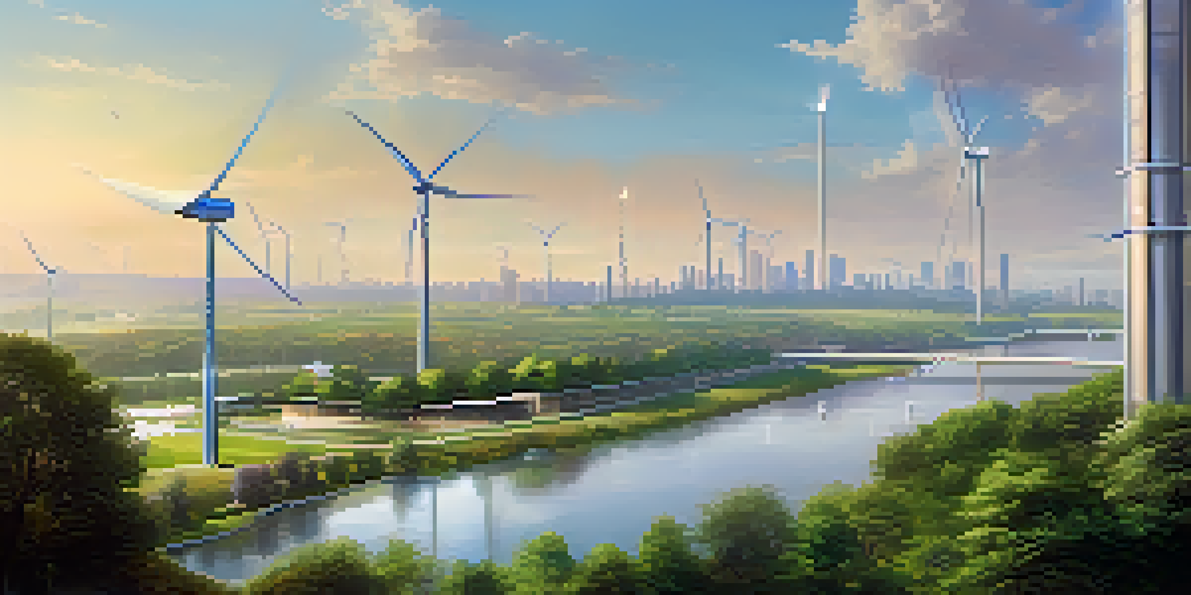 A futuristic cityscape with renewable energy sources like wind turbines and solar panels, surrounded by greenery and sunlight.