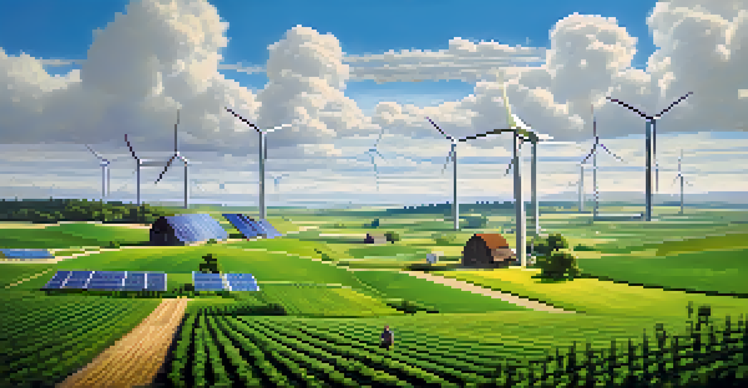 A futuristic farm with wind turbines and solar panels among green fields, showcasing a farmer tending to crops under a bright blue sky.