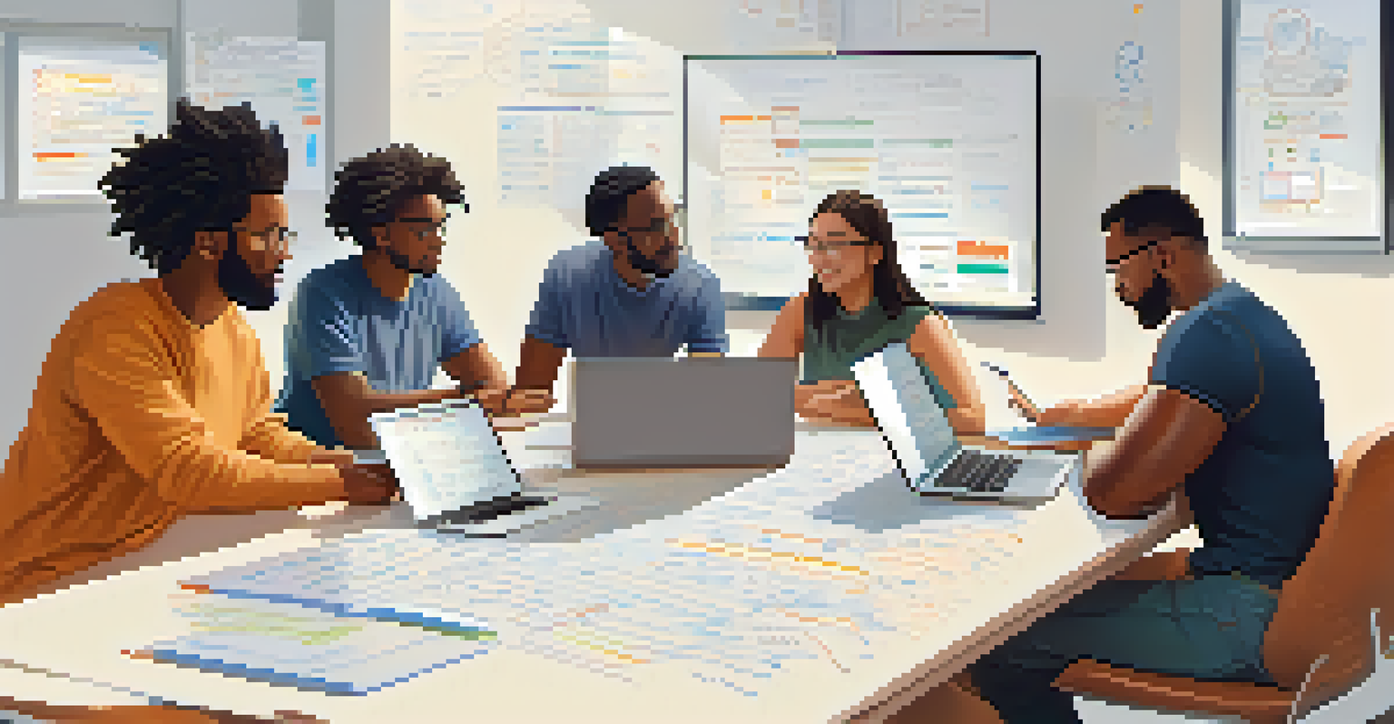 A diverse group of developers reviewing smart contract code and discussing security practices in a collaborative workspace.