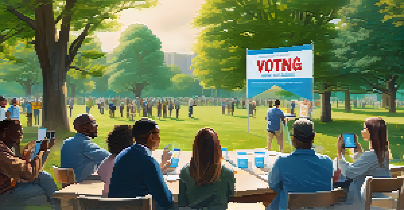 A diverse group of voters discussing secure voting systems in a park, with banners about blockchain technology in the background.
