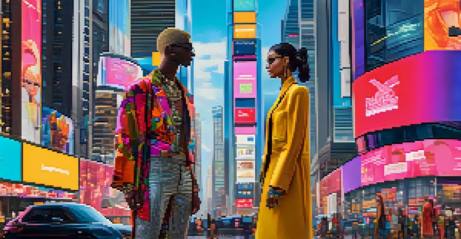 A stylish avatar in a digital outfit standing in a colorful virtual city, with animated billboards and other avatars in the background.