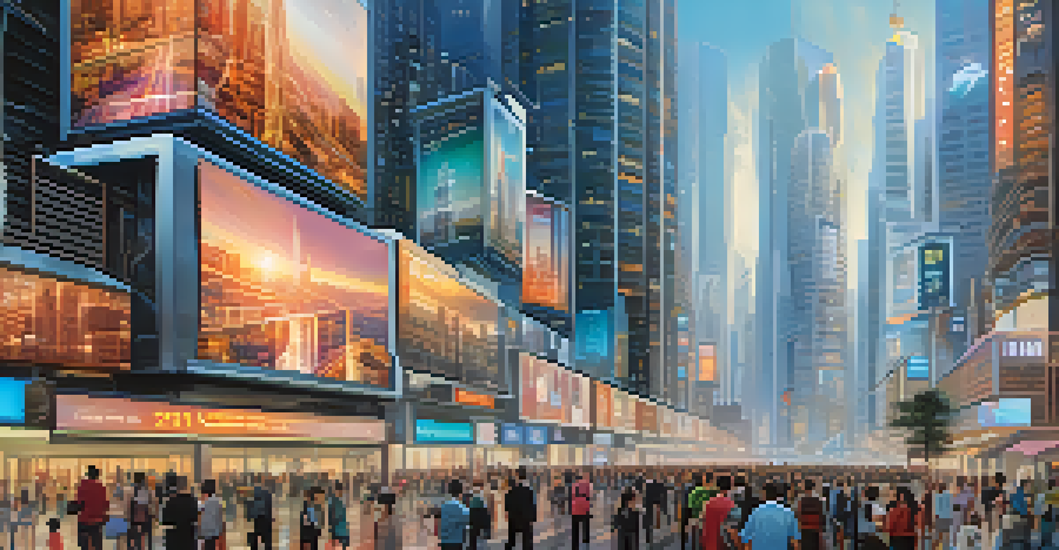A futuristic city with skyscrapers featuring digital billboards of token values, and people managing digital assets on smartphones.