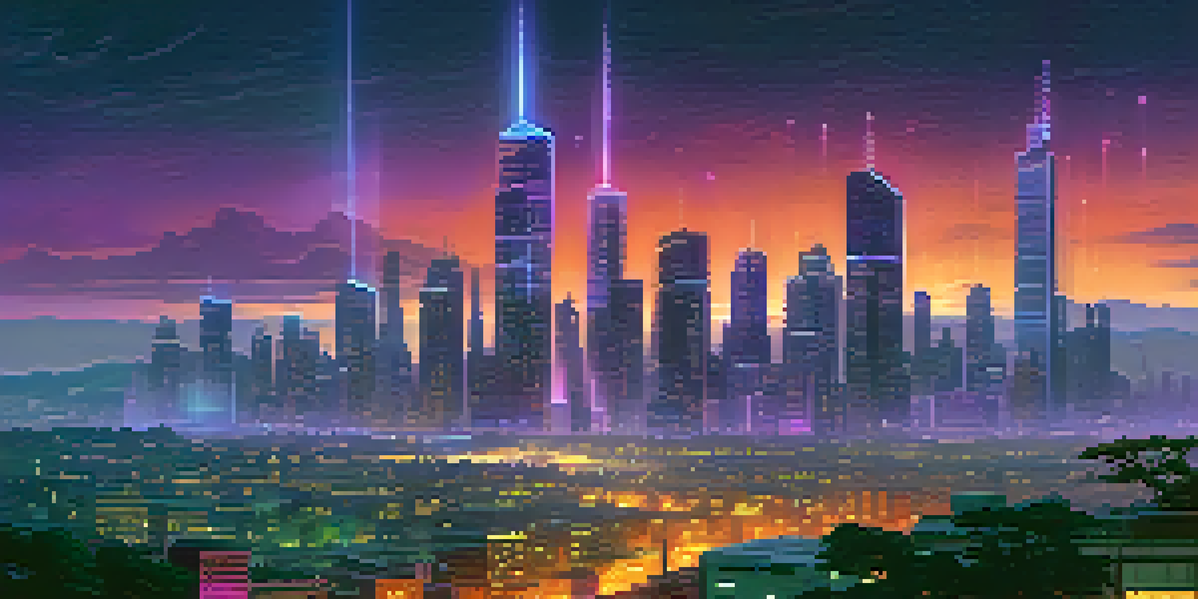 A futuristic city skyline with skyscrapers lit by neon lights and greenery, under a purple and orange dusk sky.