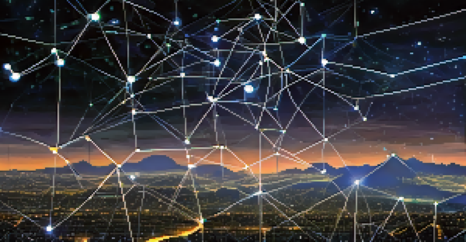 Illustration of the Ethereum blockchain as a dynamic network of glowing nodes in a starry night sky.