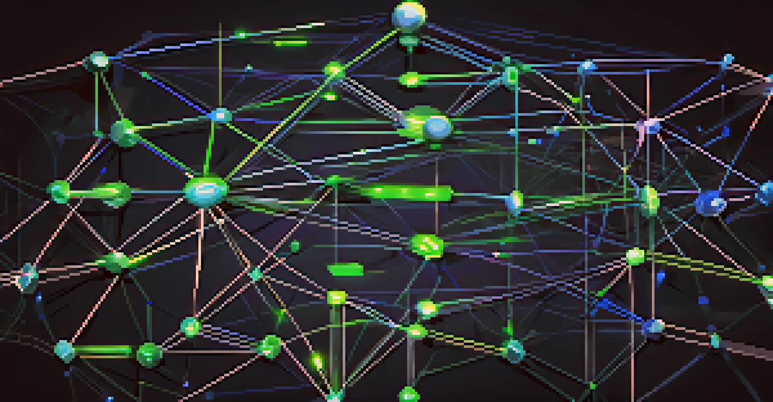 An abstract image of a blockchain network with glowing interconnected nodes labeled with digital governance terms on a dark background.