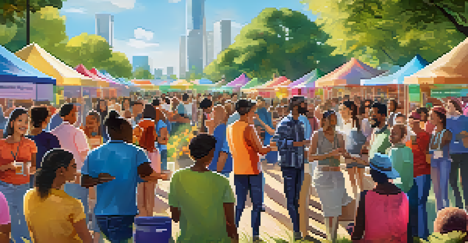 A diverse group of people participating in a community fundraising event with a digital display of blockchain transactions in a sunny outdoor park.