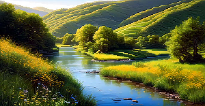 A beautiful river meandering through a green valley filled with wildflowers under a clear blue sky, illuminated by sunlight.