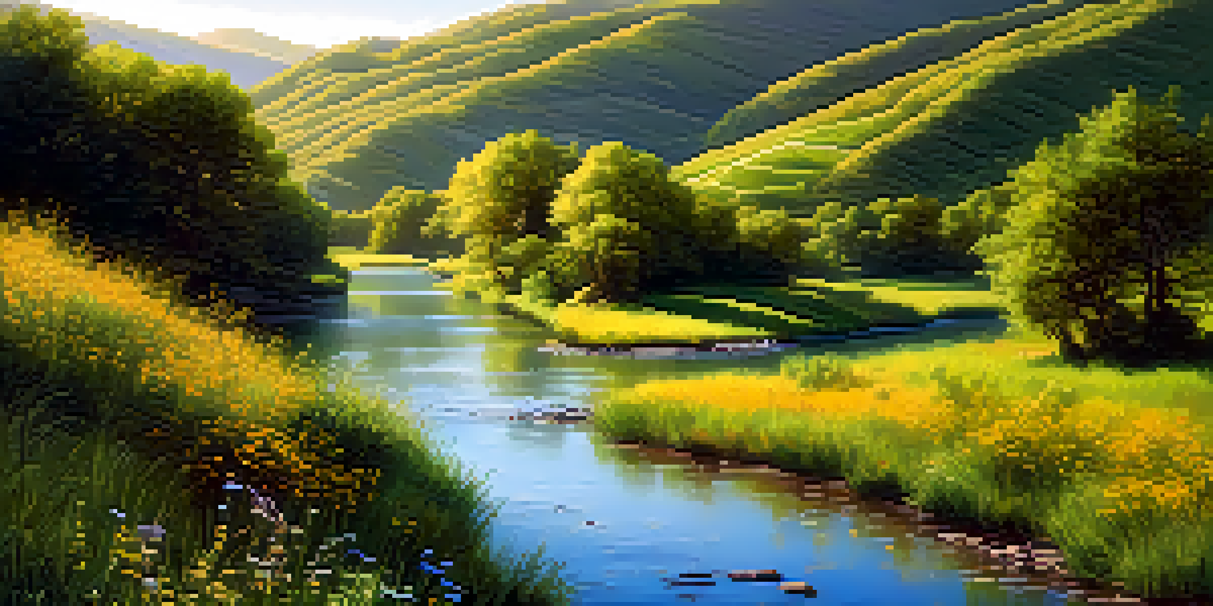 A beautiful river meandering through a green valley filled with wildflowers under a clear blue sky, illuminated by sunlight.