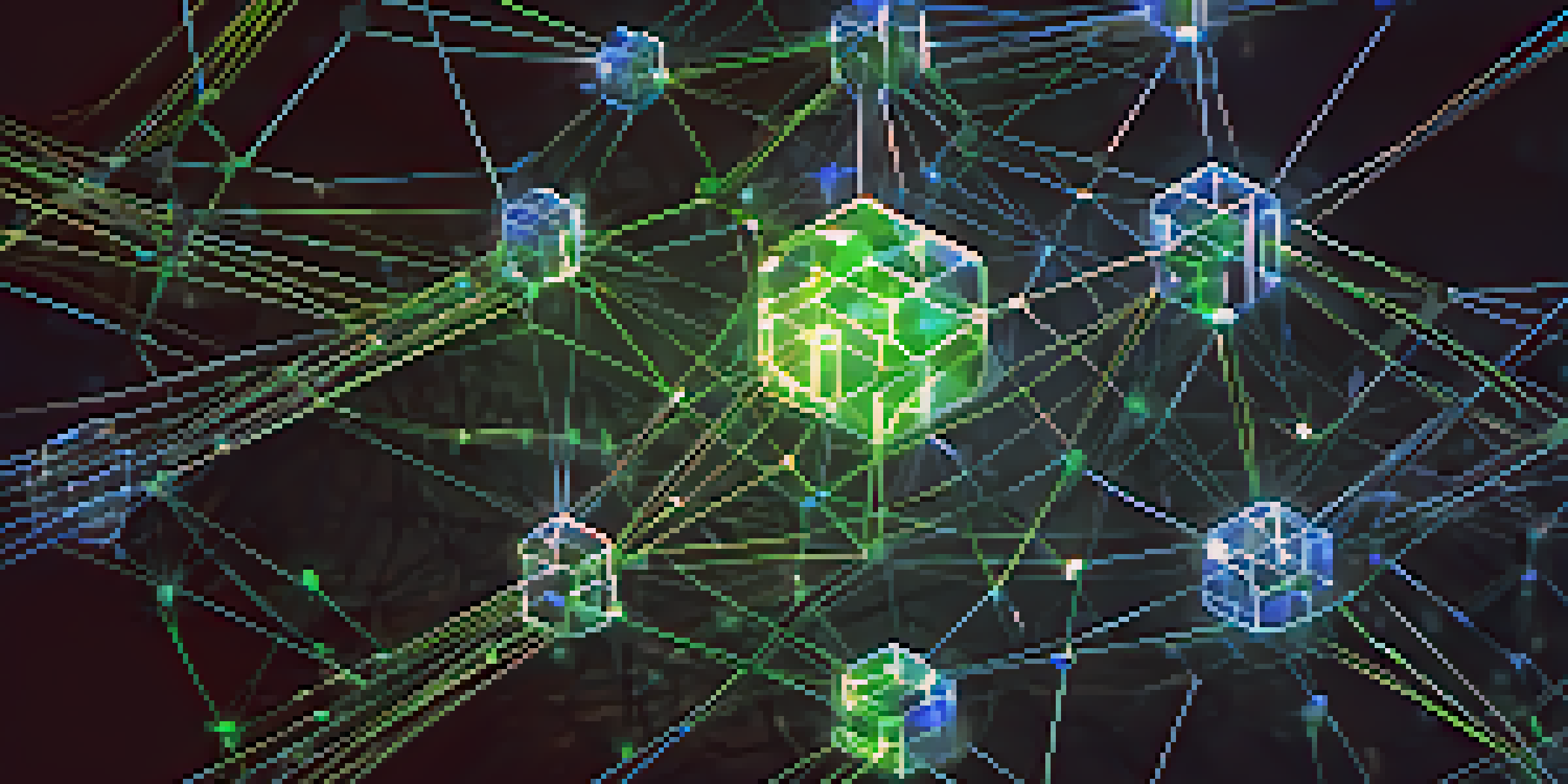 A detailed illustration of a blockchain network with glowing nodes, symbolizing smart contracts and transparency in governance.