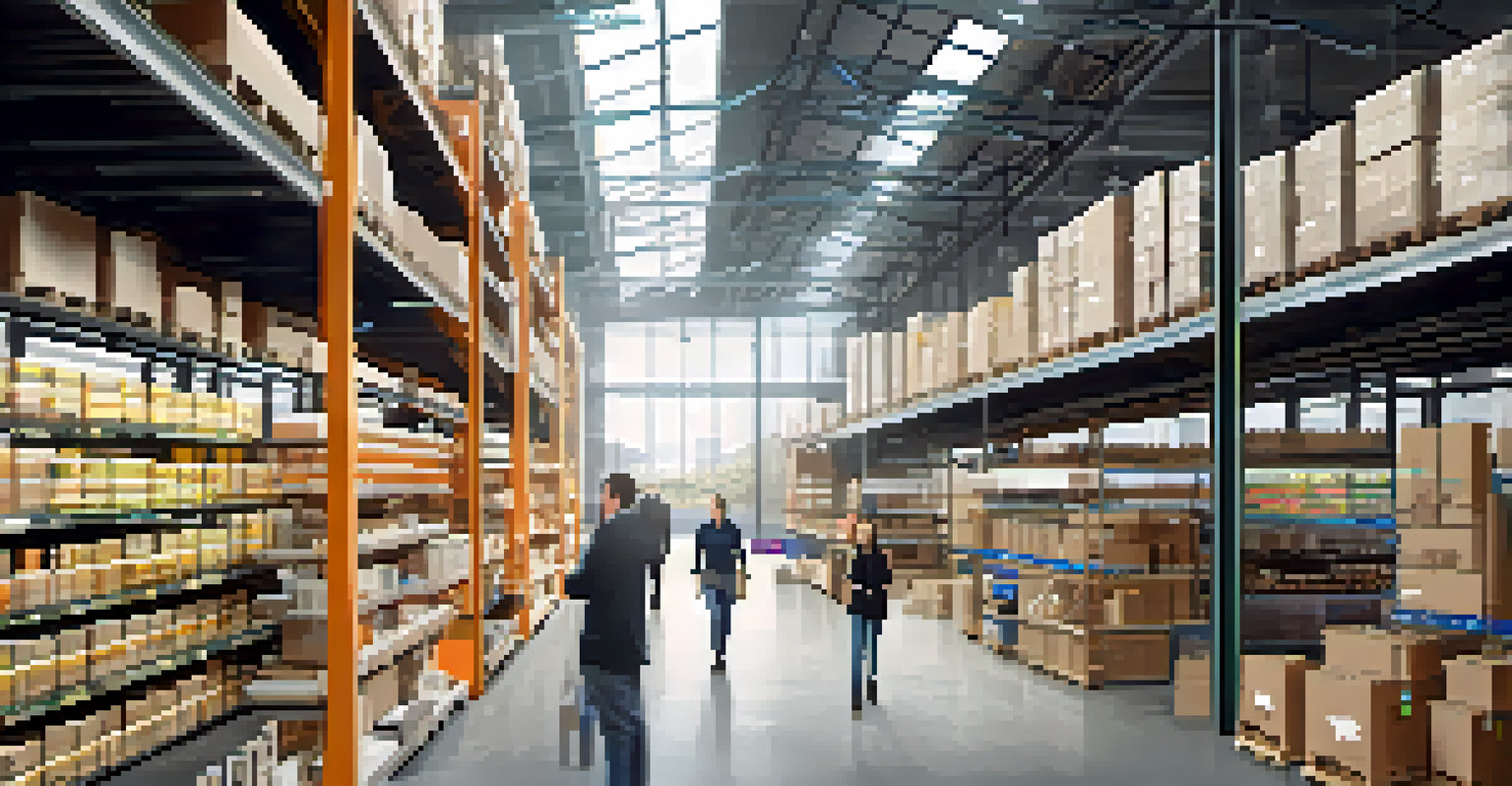 Inside a modern warehouse with IoT devices monitoring goods and workers collaborating, illuminated by natural light.
