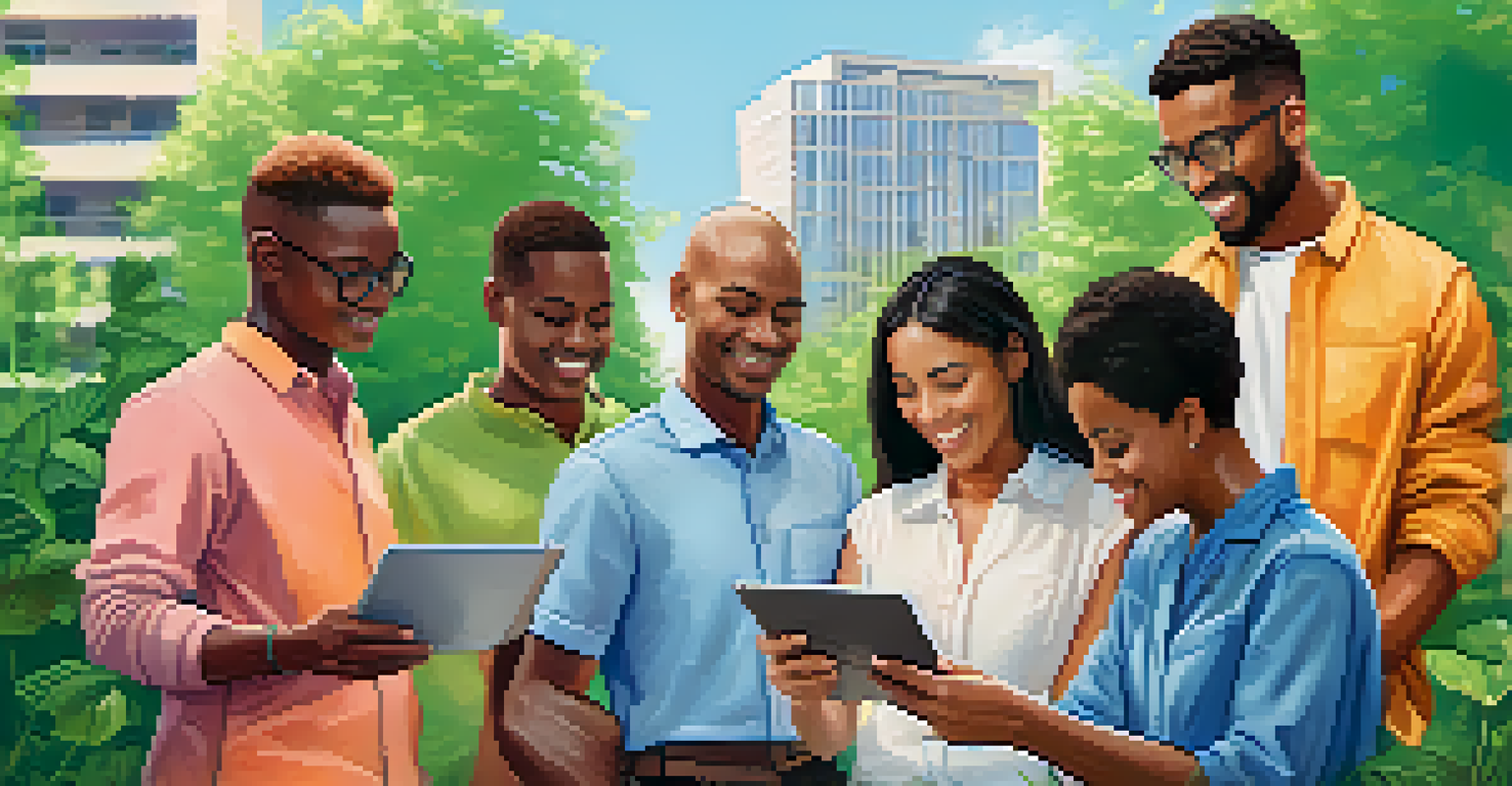 Diverse individuals using a digital tablet to manage land registry in a community setting, with greenery and urban buildings in the background.