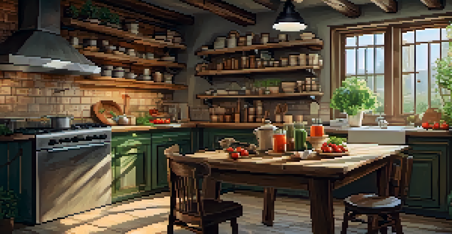 A warm and inviting rustic kitchen with fresh ingredients on a wooden table and a cookbook open.