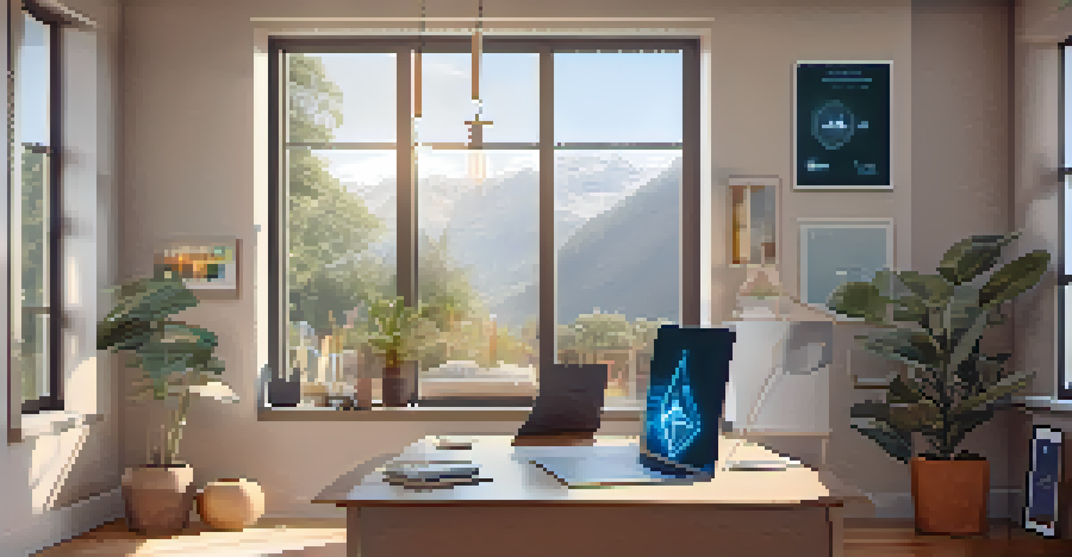 A cozy home office where a user is interacting with an AI chatbot on a laptop, with a digital display of Ethereum transactions in the background.