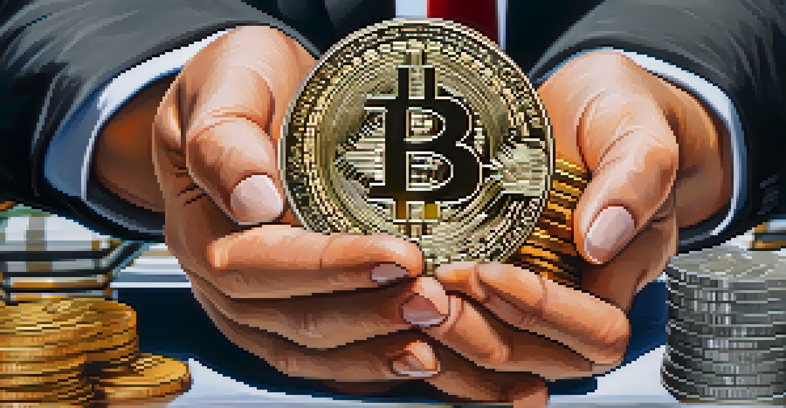 A close-up of diverse hands holding cryptocurrencies like Ethereum and Bitcoin in a modern office environment.