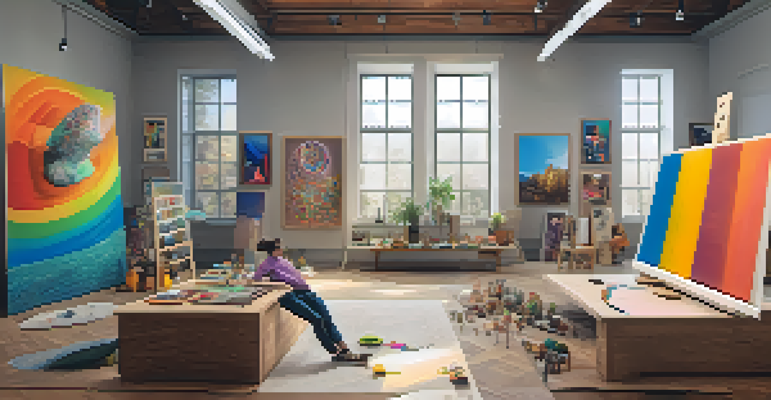 An artist's studio with virtual sculptures and a digital interface showcasing tokenized ownership of AR art.