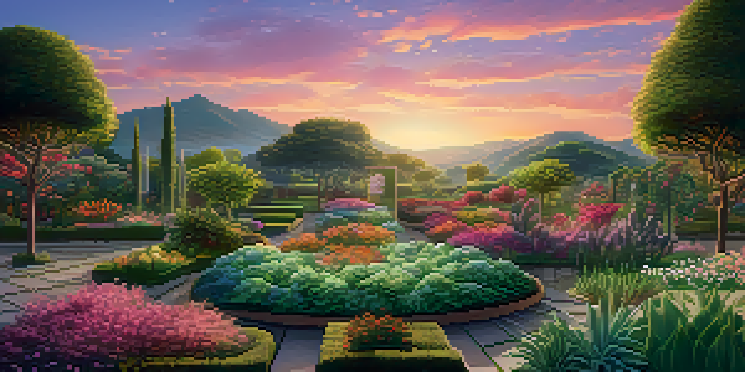 A vibrant digital garden with plants representing unique digital assets, under a pastel sunset sky.