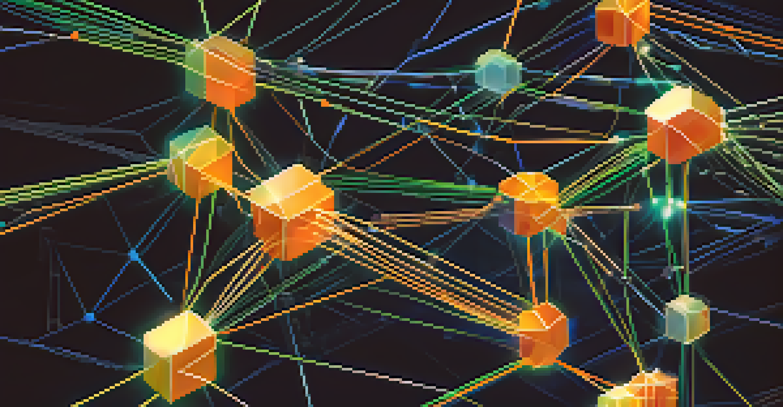 A visual representation of a blockchain network with glowing nodes and lines, illustrating secure identity verification.