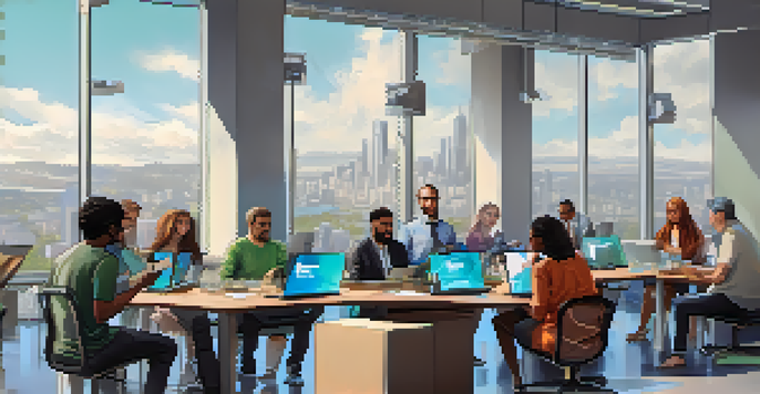 A diverse group of people discussing Ethereum governance in a modern office setting, showcasing collaboration and innovation.