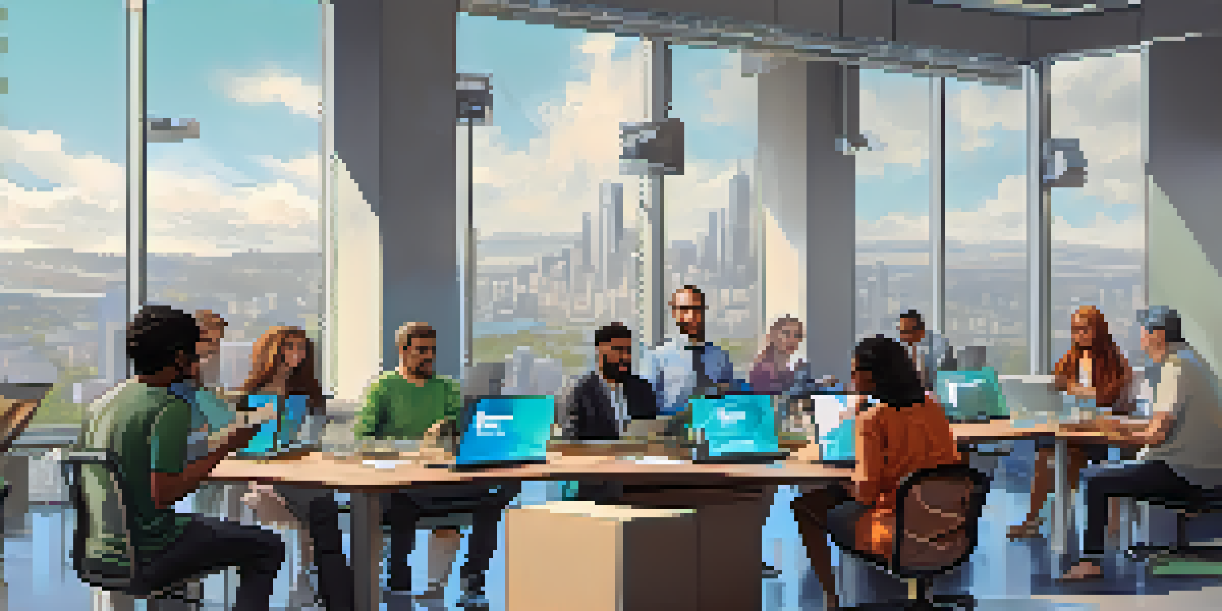 A diverse group of people discussing Ethereum governance in a modern office setting, showcasing collaboration and innovation.