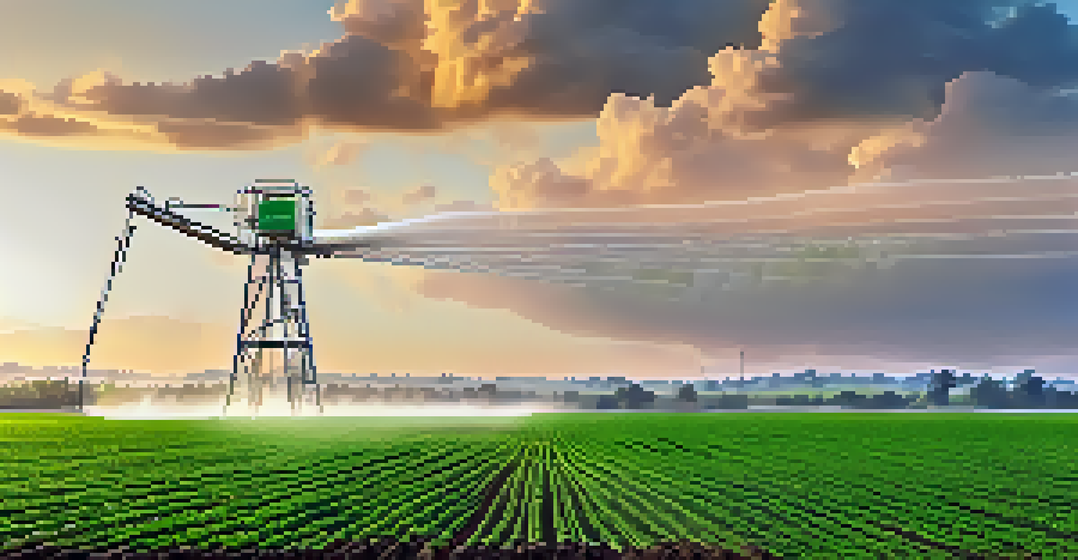 An automated irrigation system watering green crops in a field, with drones and sensors overhead indicating technology in agriculture.