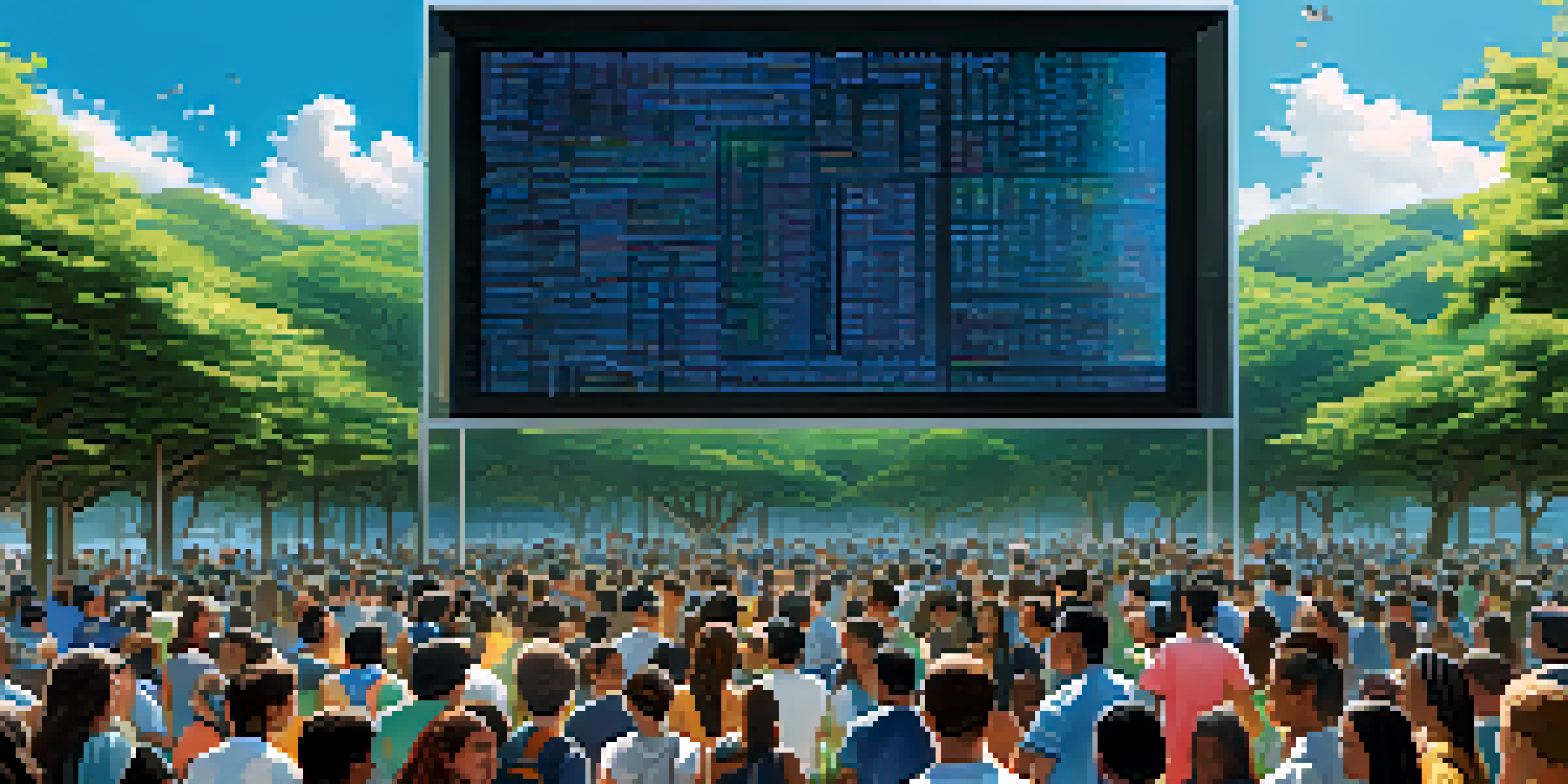 A diverse group of people engaging with a digital screen showing blockchain transactions in a sunny outdoor setting.