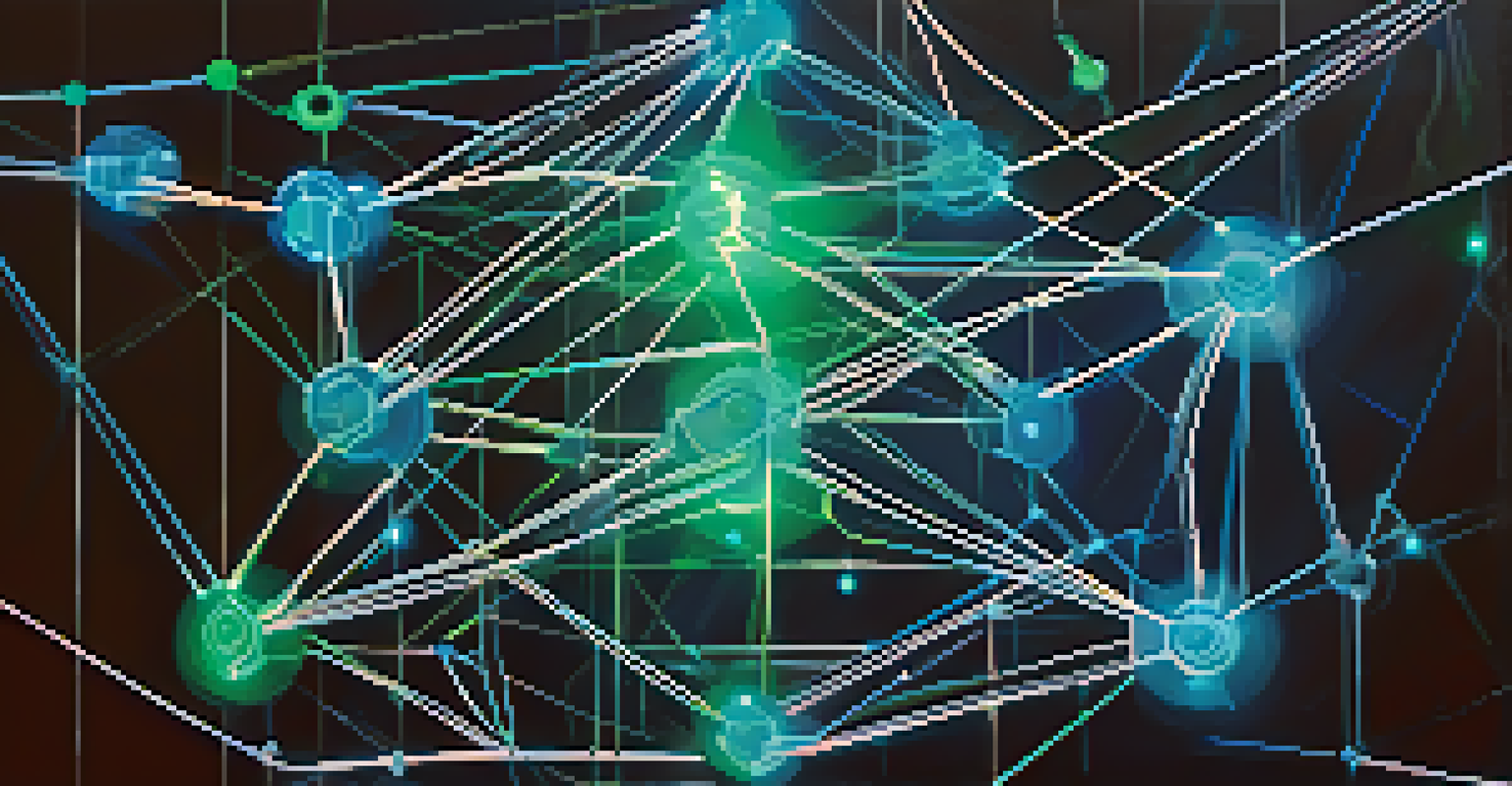 An abstract blockchain network with glowing nodes and connecting beams of light against a gradient background.