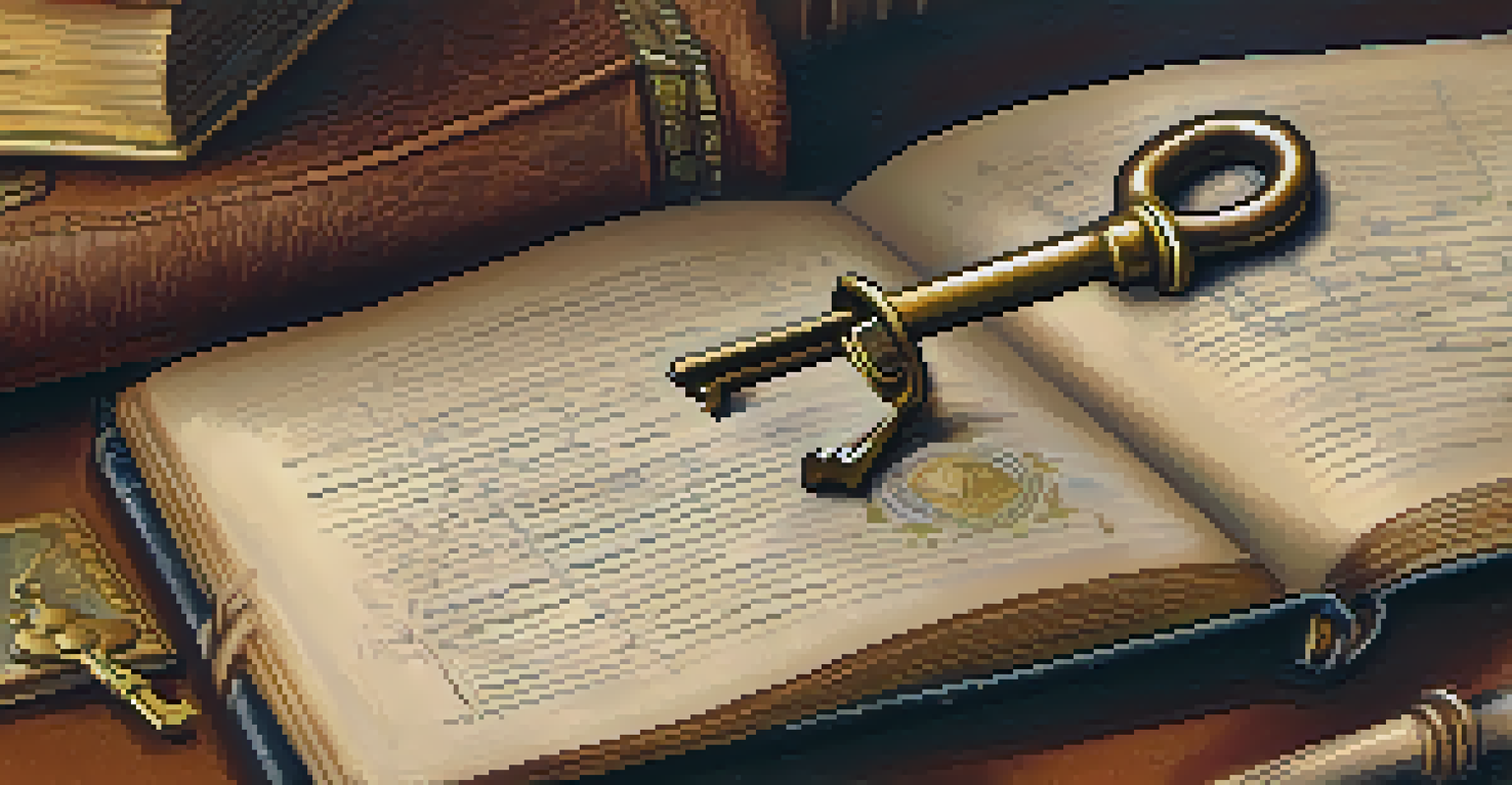 A vintage brass key on a leather journal with handwritten notes and warm lighting.
