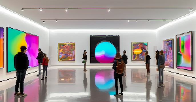 A digital art gallery featuring colorful abstract NFTs displayed on screens, with visitors engaging with the art.