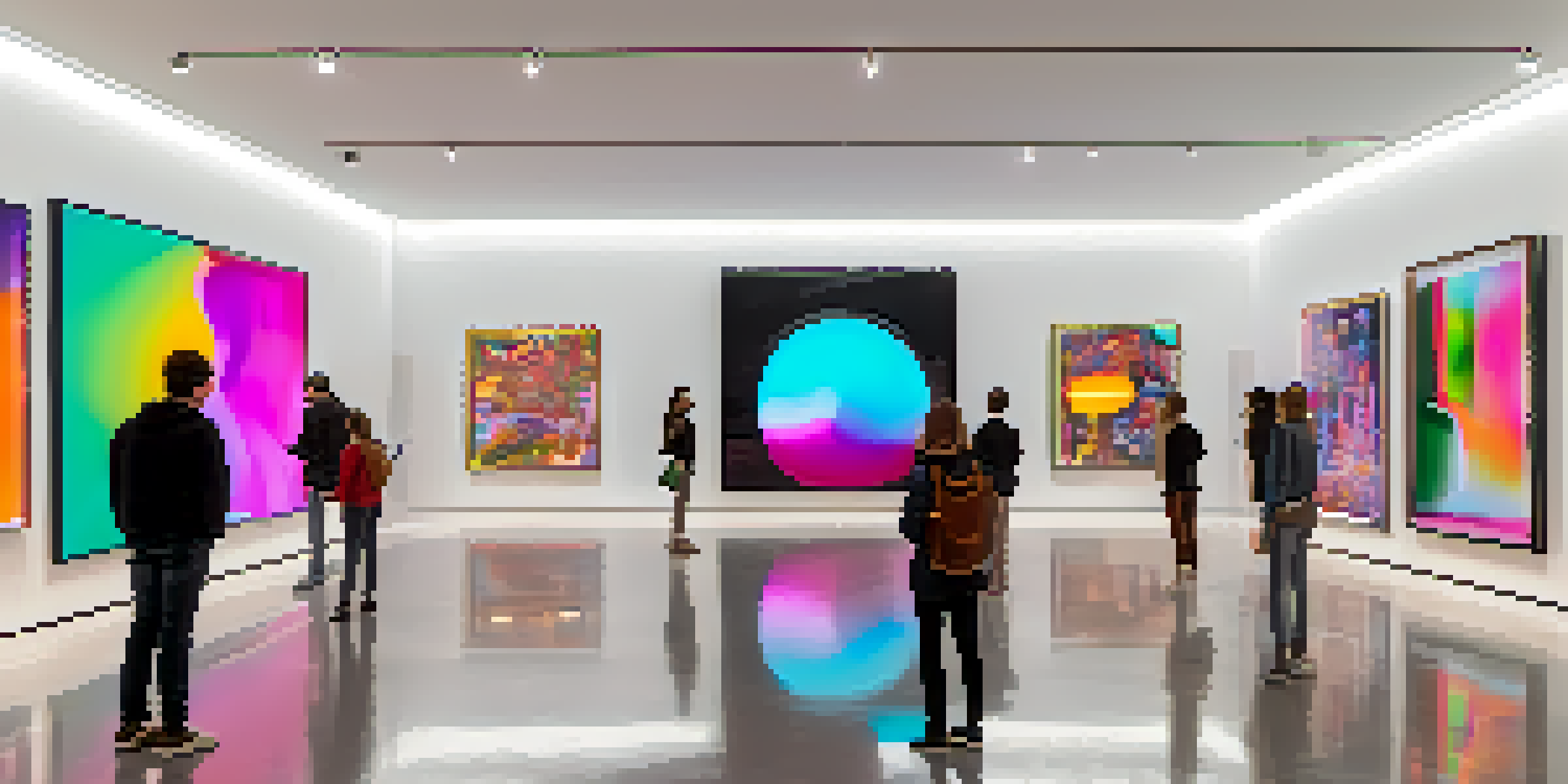 A digital art gallery featuring colorful abstract NFTs displayed on screens, with visitors engaging with the art.