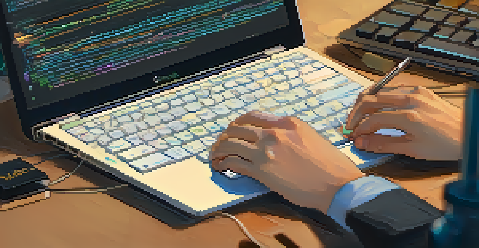 A close-up of a developer's hands on a laptop showing Ethereum Improvement Proposals on the screen, with a cluttered desk around them.