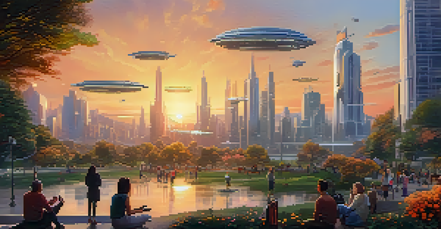 A vibrant sunset over a futuristic city skyline with tall buildings and a park full of people.