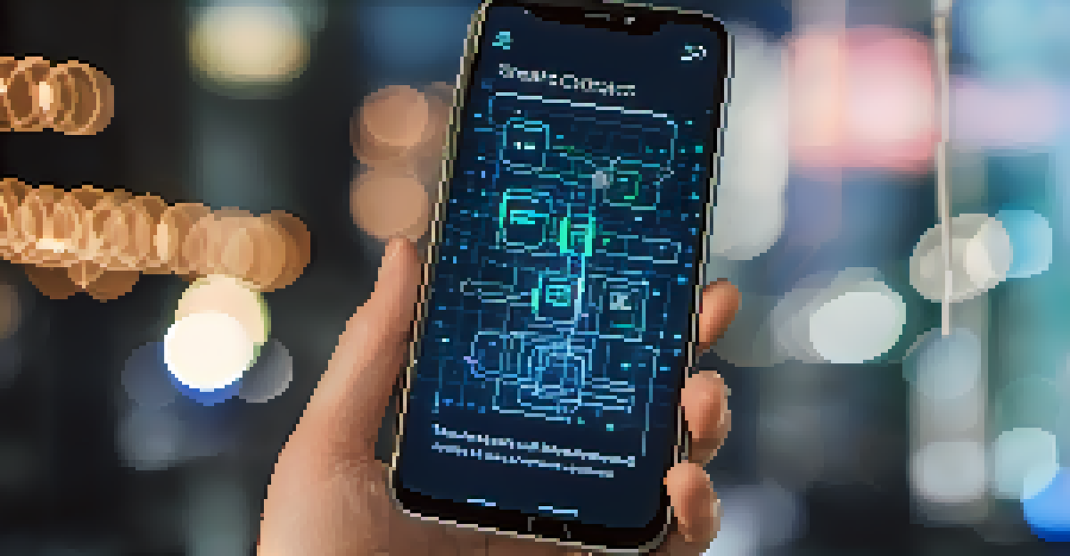 A smartphone showing a smart contract interface with blockchain elements in the background.