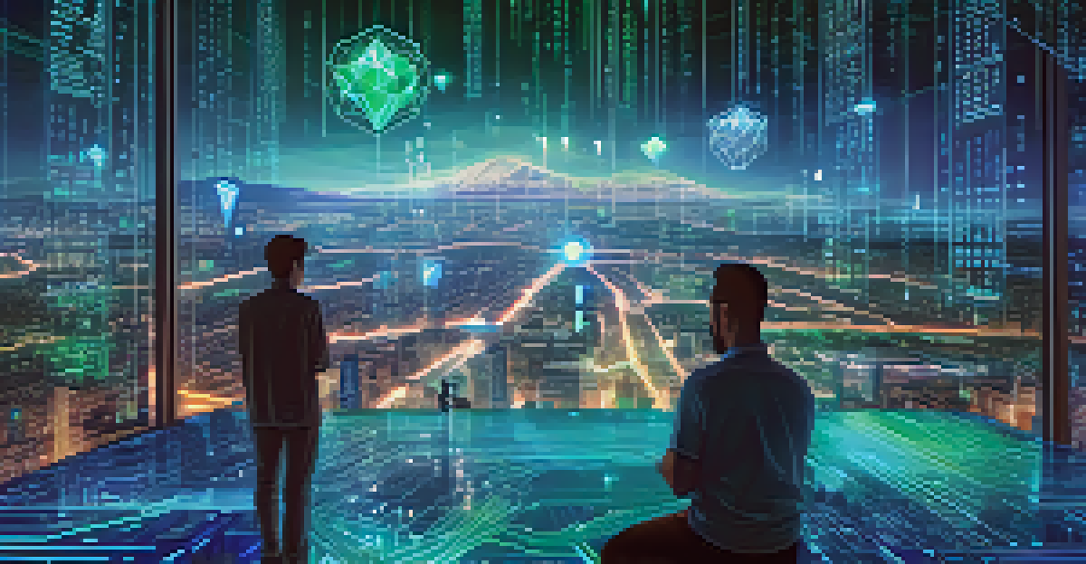 A digital landscape illustrating Ethereum technology with glowing nodes and a holographic smart contract interface.