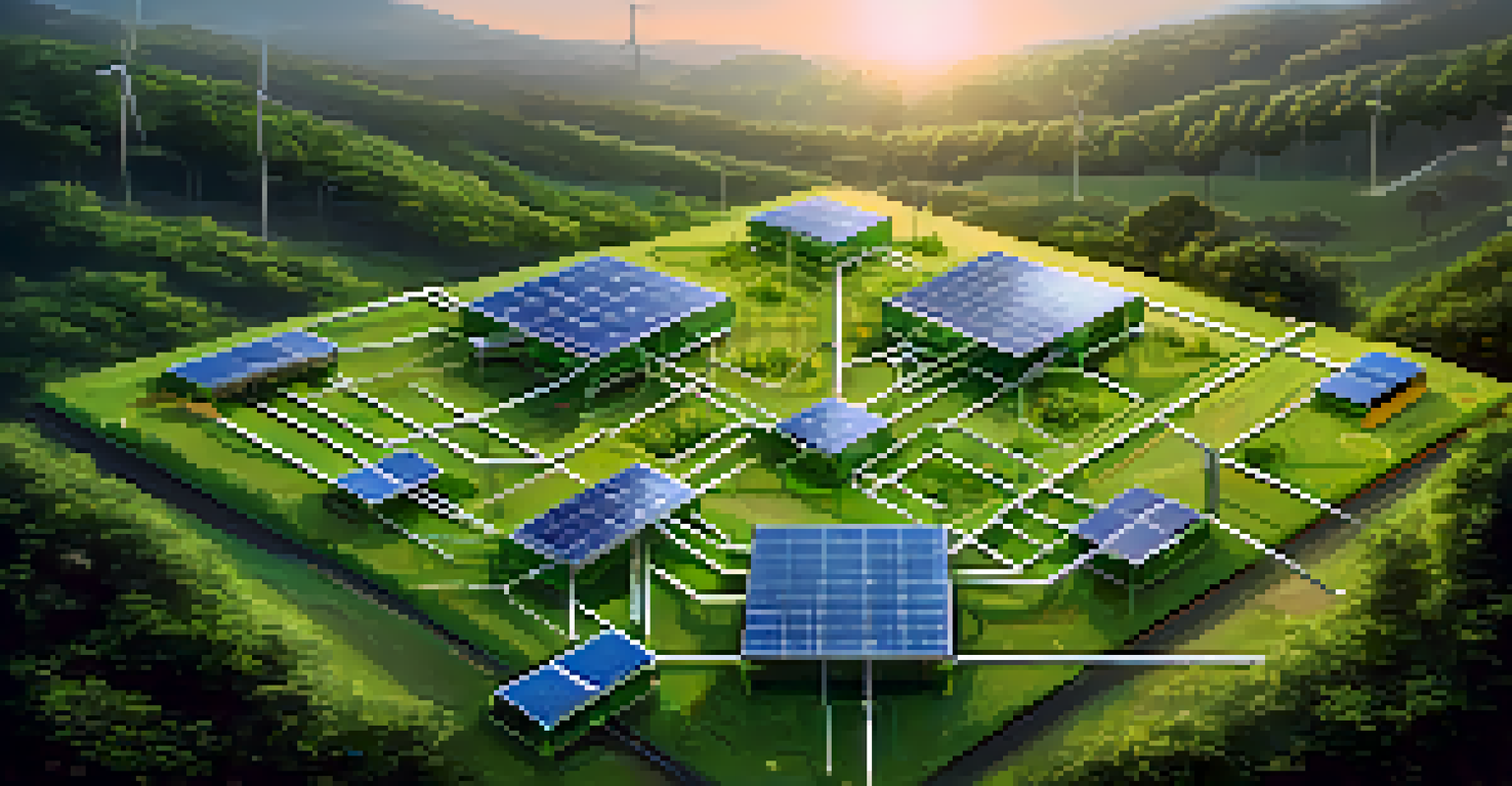 An artistic depiction of a blockchain network with eco-friendly symbols like leaves and solar panels on each node.