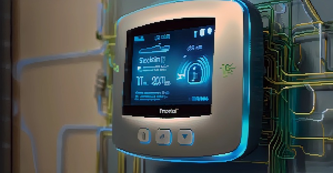 A detailed view of a smart thermostat communicating with a blockchain network, illuminated in blue and green tones.