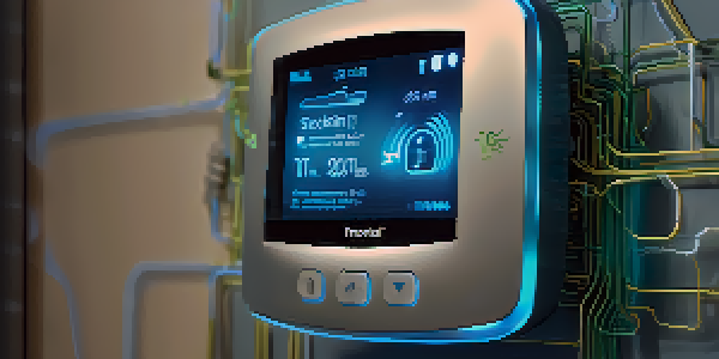 A detailed view of a smart thermostat communicating with a blockchain network, illuminated in blue and green tones.