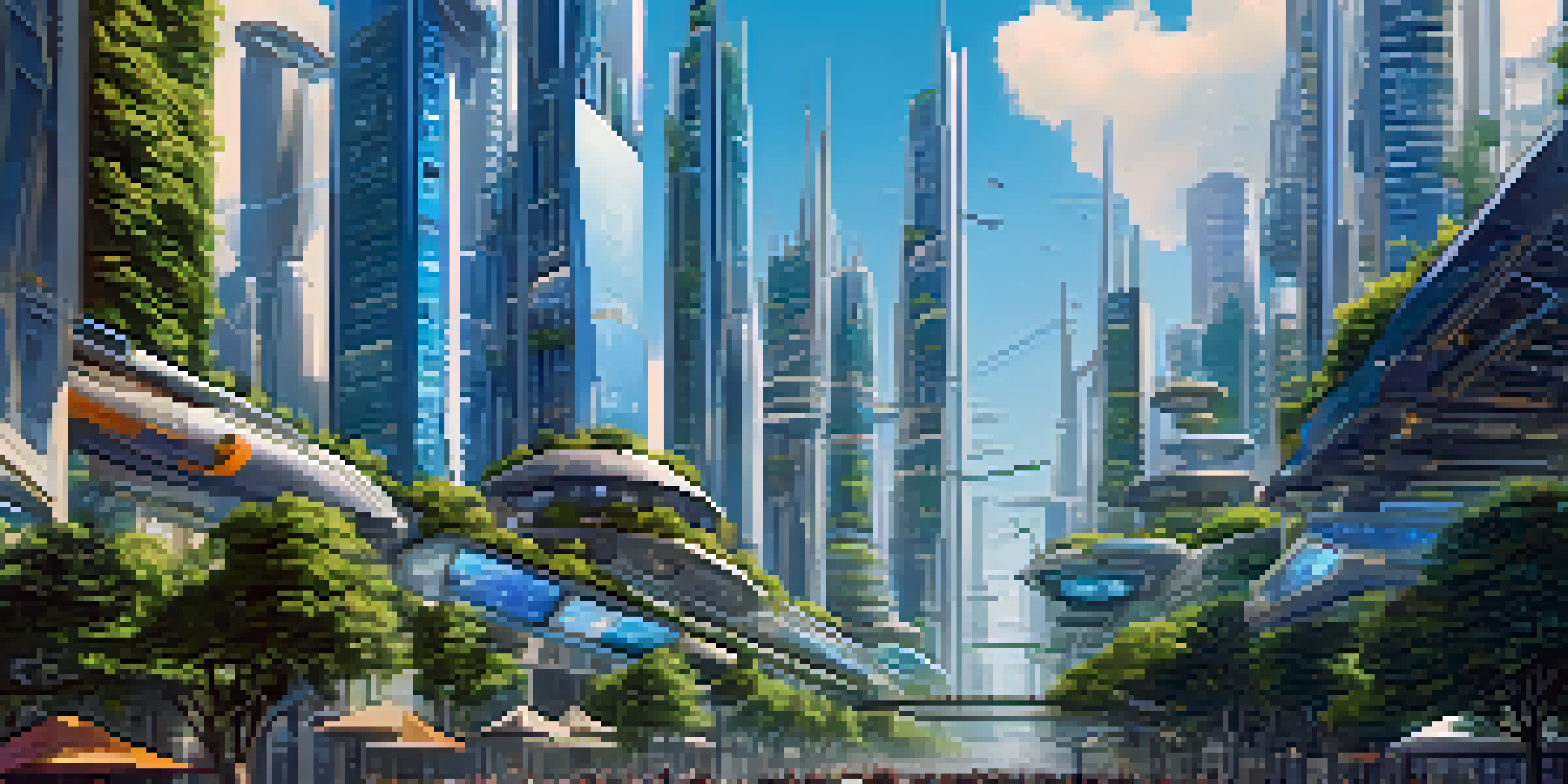 A vibrant futuristic city with interconnected skyscrapers and greenery, under a clear blue sky, filled with flying vehicles and people using digital devices.