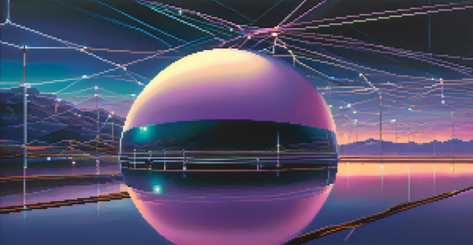 A serene landscape showing a decentralized storage network with glowing digital nodes connected by lines in a twilight sky.