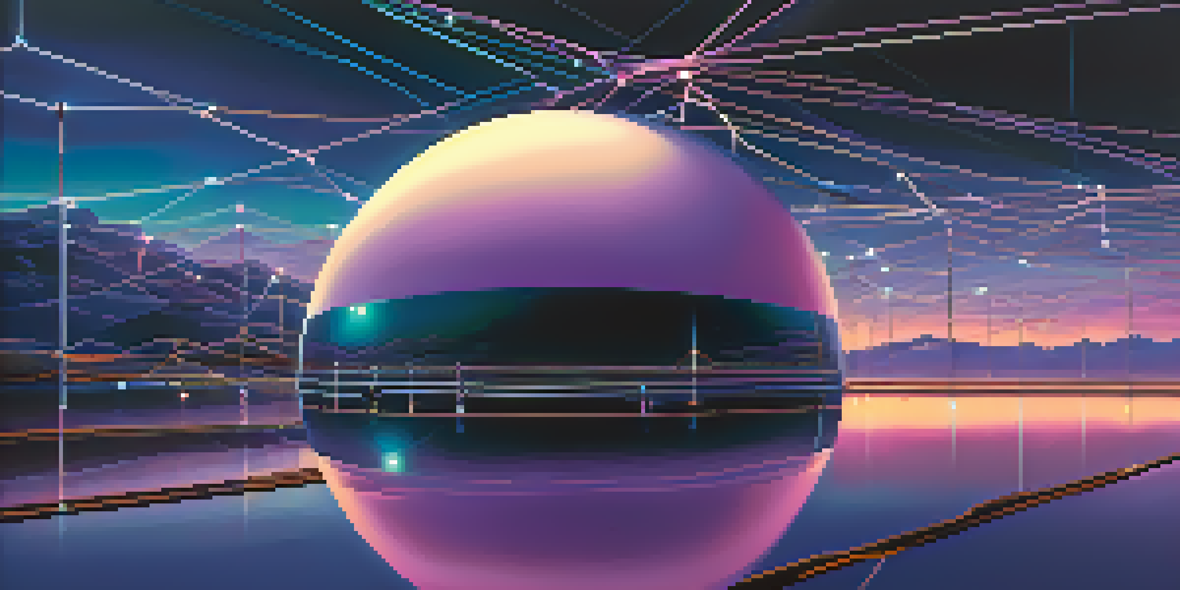 A serene landscape showing a decentralized storage network with glowing digital nodes connected by lines in a twilight sky.