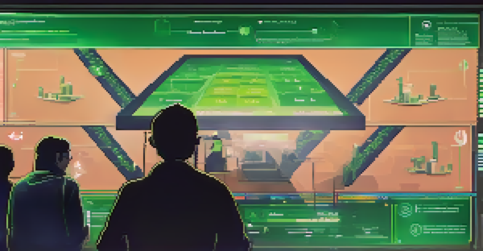 A digital screen showcasing an Ethereum crowdfunding platform with graphical fund representations and project icons.